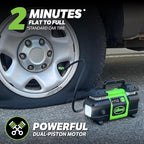 40083 Tire Inflator, Super Duty Pro Power, Battery Connection, Dual Piston, with Digital 0-99 psi Gauge, Long Hose and LED Light, Alligator Clips, 2 min Inflation