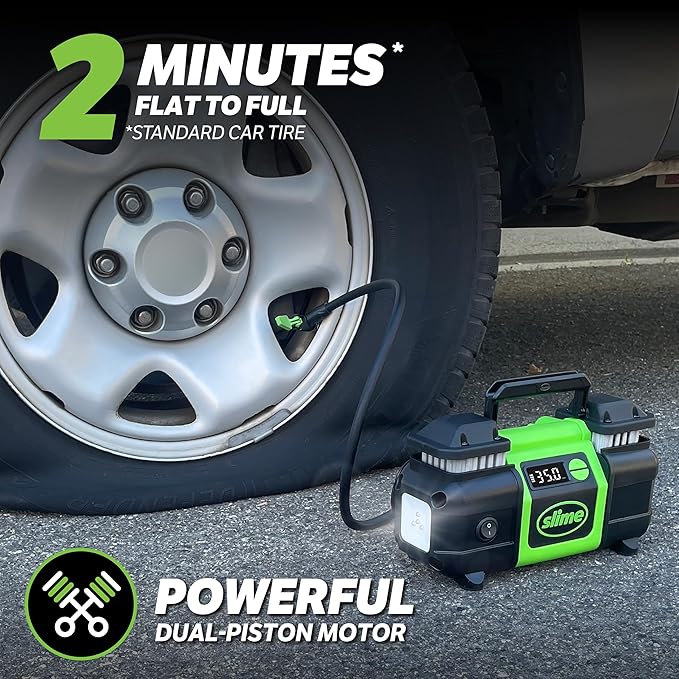 40083 Tire Inflator, Super Duty Pro Power, Battery Connection, Dual Piston, with Digital 0-99 psi Gauge, Long Hose and LED Light, Alligator Clips, 2 min Inflation