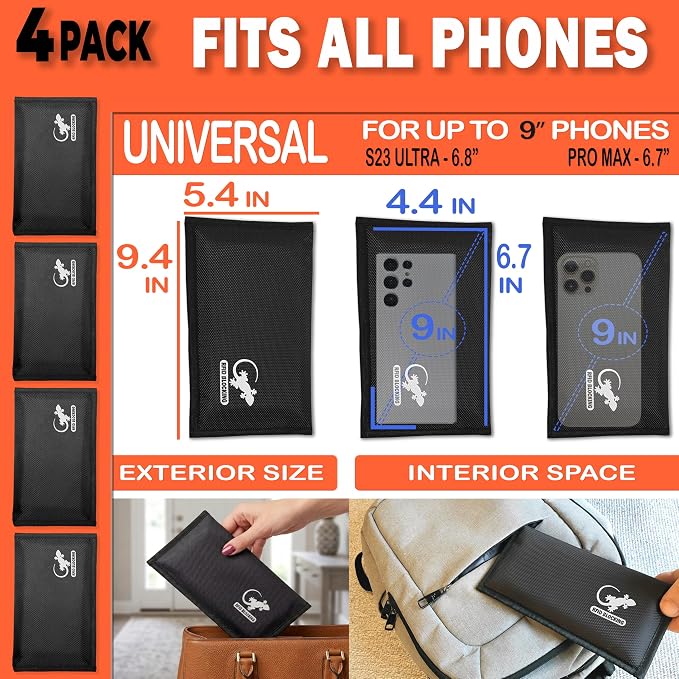 Faraday Bag Anti-Tracking GPS RFID Car Key Signal Blocker Wallet Shielding Pouch Protective Case for Cell Phone Car Key FOB, Data Privacy, Electronic Device Security (4 PACK - BLACK)