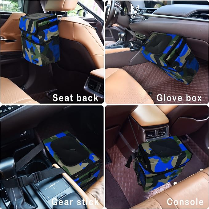 Cute Car Trash Can with Lid – Multipurpose Collapsible Trash Bin for Car, Leak-Proof Organizer, Waterproof Garbage Can with Storage Pockets & Adjustable Straps, 2 Gallons (Camo Blue)