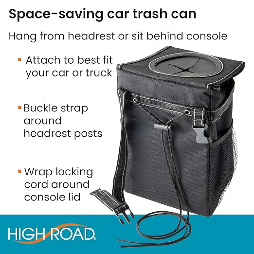 StashAway Heavy Duty Car Trash Can with Rubber Lid, 3 Storage Pockets and Sturdy Panels for Stable Floor or Hanging Seatback Use (Black)