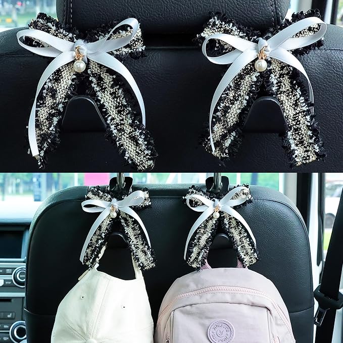 Car Seat Headrest Hook Cute Bowknot Vehicle Hanger Car Storage Organizer for Handbag Purse Coat Grocery Bag Black Grey