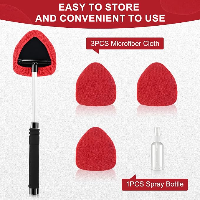 Windshield Cleaner Tool, Car Interior&Exterior Window Cleaning Tool with Extendable Handle & 4 Reusable Microfiber Pads, Auto Glass Wiper Brush Kit for Cars (Red)