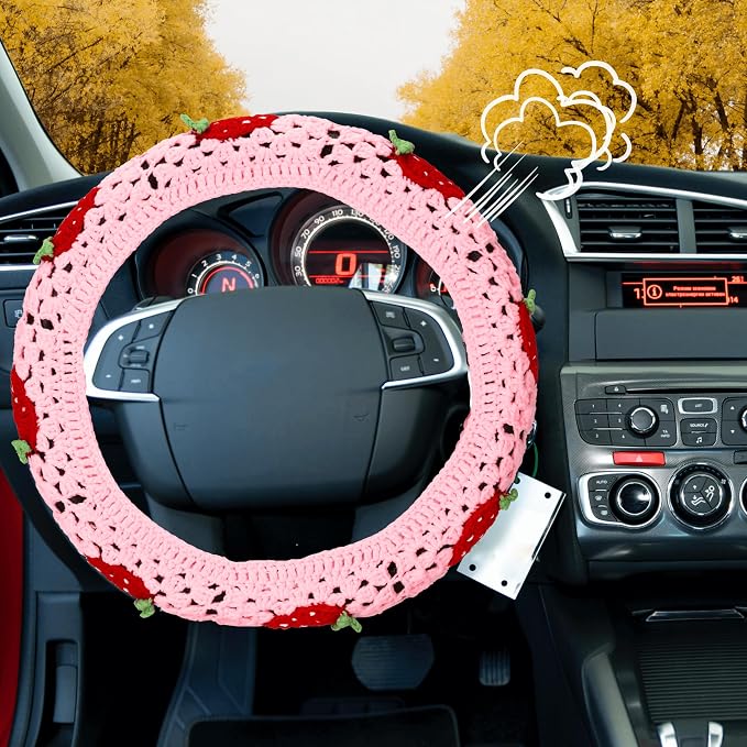 Crochet Steering Wheel Cover Set,Cute Car Steering Wheel Cover Boho 14-15in,Pink Strawberry Granny Square Pattern,Hippie Women Car Accessories (A Wheel Cover)