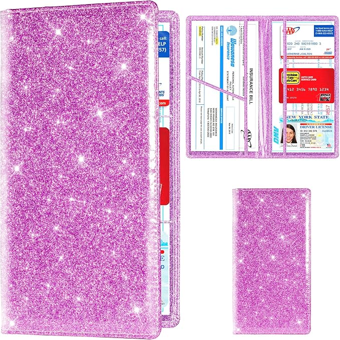 Car Registration and Insurance Card Holder, Vehicle License Document Glove Box Compartment Organizer, Interior Car Accessories for Women Men (Glitter Purple)