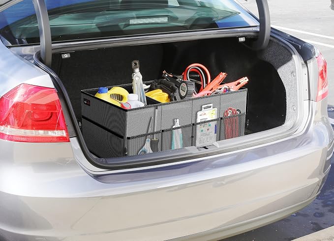 Foldable Car Trunk Organizer for SUV, 3-Compartment, Dark Gray | with Removable Divider, Side Pockets and Securing Straps