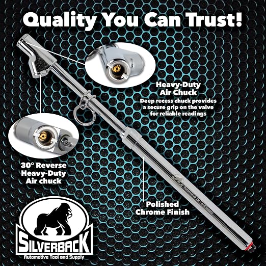 Professional Straight-On Dual Foot Commercial Truck Tire Pressure Gauge with Polished Chrome Finish. Heavy Duty Black Metal Bar Stick Gauge Range 10-150 PSI in 2 PSI Increments