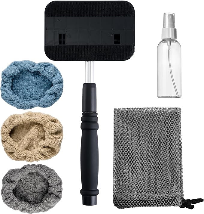 Pivoting Windshield Glass Cleaning Tool Extendable Aluminum Handle w/3 Premium Microfiber Covers