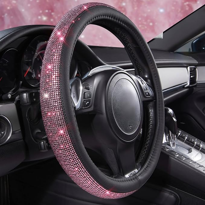 Bling Diamond Leather Steering Wheel Cover, Bling Sparkly Crystal Glitter Rhinestones Universal Fit 14" 1/2-15" Car Wheel Protect for Women Girl Fit Suvs,Vans,Sedans,Cars,Trucks, Pink Black