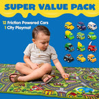 Kids Play Rugs - 12 Pull-Back Vehicle Set - Durable Carpet Playmat Rug - City Pretending Play - Toddler Car Track Rug