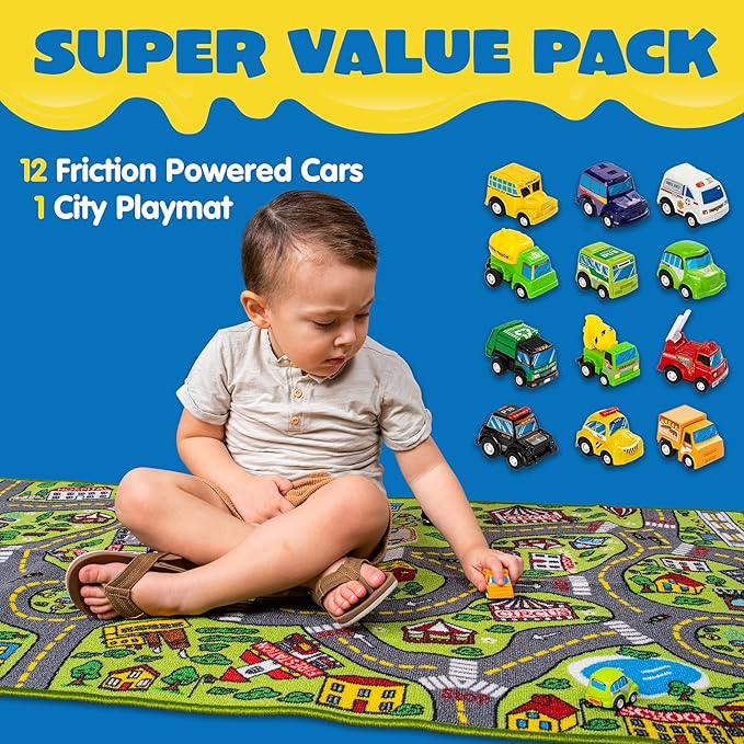Kids Play Rugs - 12 Pull-Back Vehicle Set - Durable Carpet Playmat Rug - City Pretending Play - Toddler Car Track Rug