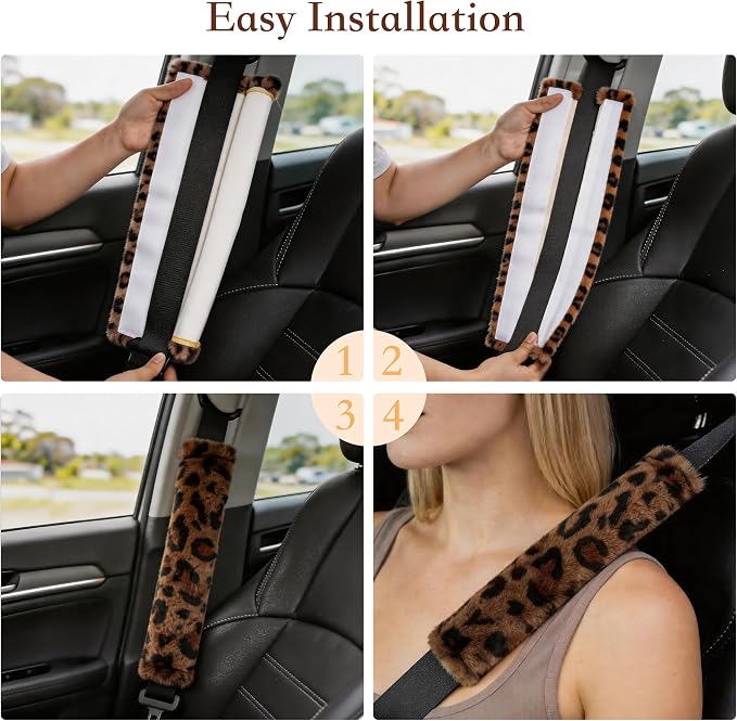 Soft Faux Fur Universal Fit Seatbelt Cover Car Truck SUV Airplane Seat Belt Shoulder Pad for Carmera Backpack Straps Neck Cushion Protector 2 Pack 10.5in Brown Leopard