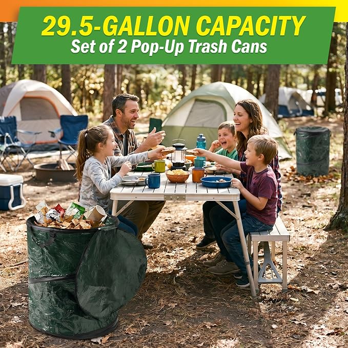 29.5-Gallon Pop up Outdoor Garbage Can Set - Set of 2 Collapsible Trash Cans for Parties, Yard Waste, or Laundry - Camping Accessories by