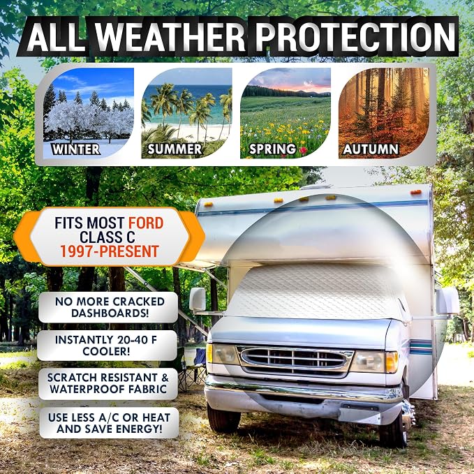LATCH.IT RV Windshield Cover for Ford Class C E450 1997-2026 | Windshield Cover for RV Class C NOT for Transit Vans | RV Front Window Cover with Mirror Cutout & Corner Bands | Add Privacy & Protection
