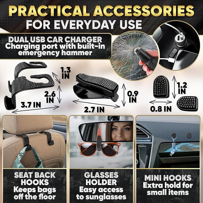 Black Bling Car Accessories Set - 27 Pieces Car Interior Kit with Rhinestone Steering Wheel Cover, Diamond License Plate Frame, Phone Holder, Coaster & Hook, Great Gift for Drivers