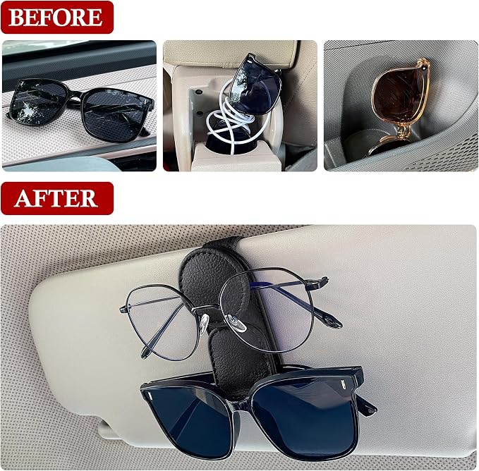 KIWEN 2 Pack Sunglasses Holder for Car Visor, Magnetic Leather Sunglass Eyeglass Hanger Clip for Car Sun Visor Accessories (2, Black)
