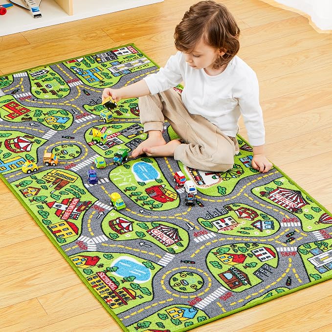 Kids Play Rugs - 12 Pull-Back Vehicle Set - Durable Carpet Playmat Rug - City Pretending Play - Toddler Car Track Rug