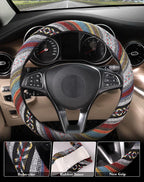 Boho Steering Wheel Cover with Baja Blanket Cloth, Ethnic Style Auto Wheel Cover Made of Coarse Flax, Fits 14 1/2-15 1/4 inches Car Wheel