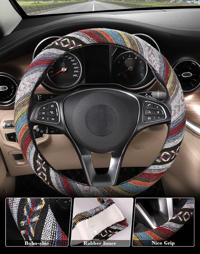 Boho Steering Wheel Cover with Baja Blanket Cloth, Ethnic Style Auto Wheel Cover Made of Coarse Flax, Fits 14 1/2-15 1/4 inches Car Wheel