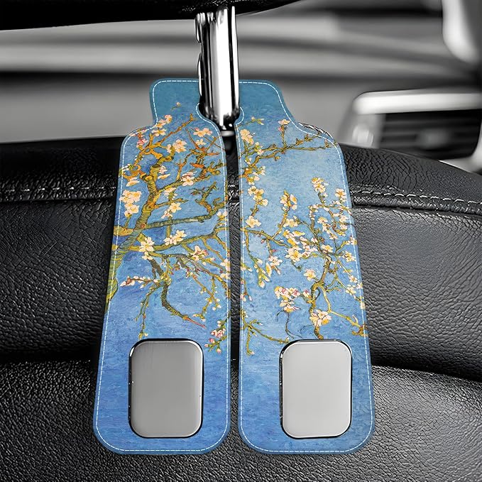 1 Pack Car Seat Headrest Hooks for Purses Abstract Blossoming Almond Tree Bag Purse Holder for Car with Double Metal Hooks Car Purse Hanger Hanging Accessories
