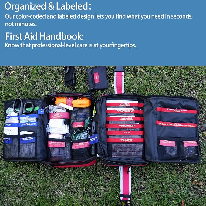 401 Pieces First Aid Kit with 2 Chest Seals & Israeli Bandage -Waterproof, Expandable Trauma Bag for Home, Car, Camping, Outdoor Emergency (Labeled Compartments, MOLLE Mountable)