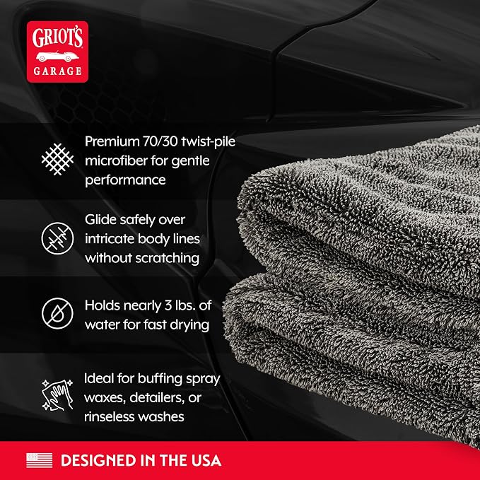 Griot's Garage PFM Ultrafast Edgeless Towels for Car Cleaning and Detailing, Hyper-Absorbent, Scratch-Free, Compact, 16” x 16”, Set of 2, 55539