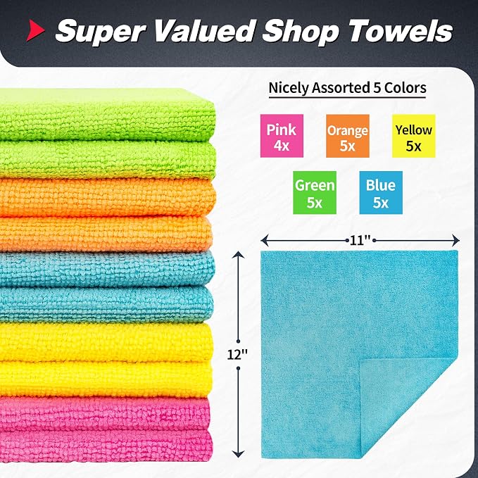 Shop Towels, Microfiber Cleaning Cloth Bulk, 24 Pack Microfiber Towels for Cars, All-Purpose Absorbent Cleaning Rags, Dust Cloth for Automotive, Mechanic, Garage, Bar, 11.5 x 11.5 inch