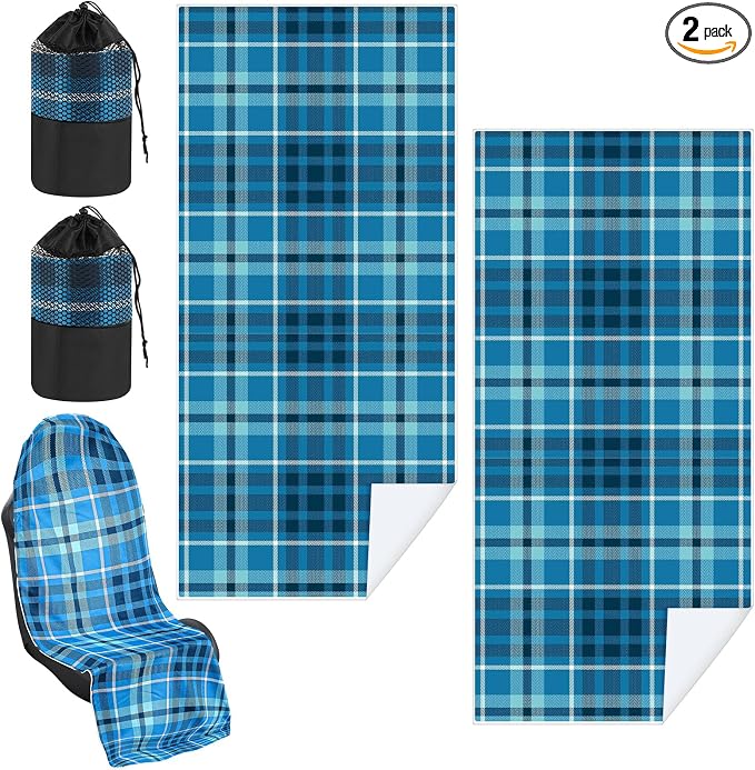 Car Seat Towel Covers with Storage Bag, 63 x 32 Inch Universal Non Slip Waterproof Sweat Protector for Car Truck, Gym Swimming Running, Machine Washable(2 Pack,Blue Plaid)