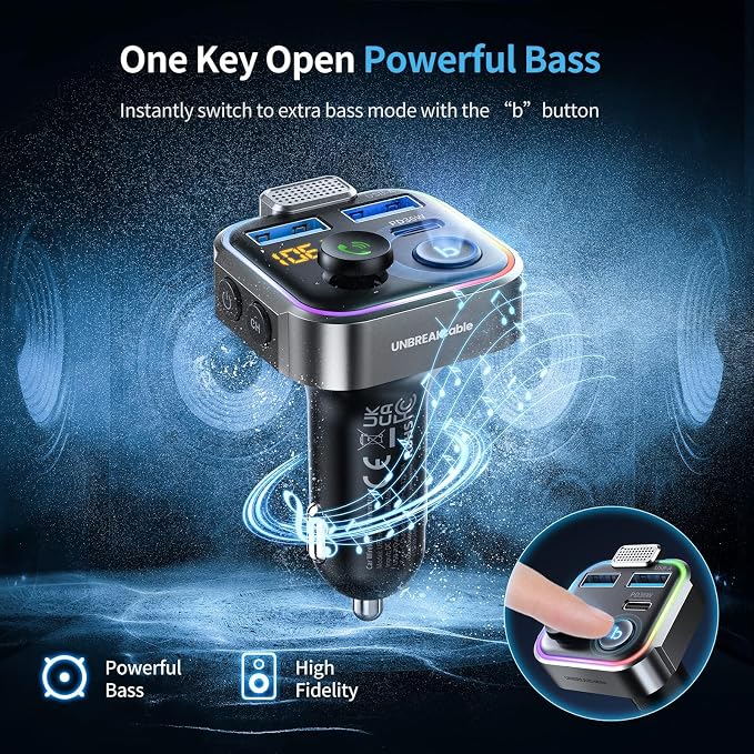 Bluetooth FM Transmitter for Car, PD 38W Fast Charging, Wireless Bluetooth FM Radio Adapter, Car Kit with Hands-Free Calls, HiFi Bass Boost MP3 Music Player Support USB Drive