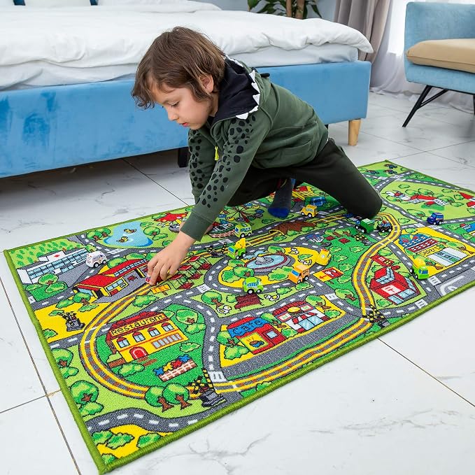 Carpet Playmat w/ 12 Cars Pull-Back Vehicle Set for Kids Age 3+, Jumbo Play Room Rug, City Pretending Play