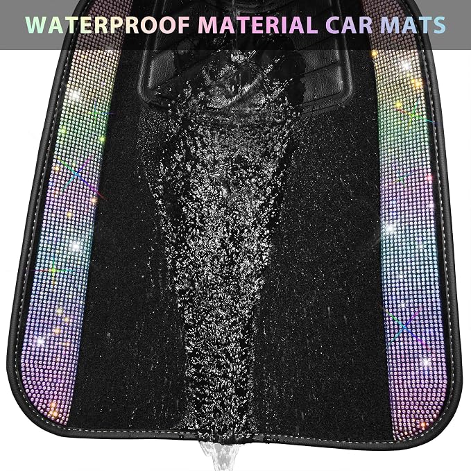Iridescent Bling Rhinestones Diamond Car Floor Mats Waterproof, Anti-Slip PVC Heel Pad, Universal for Automotive SUV,Sedan,Van,4pcs Girl Women Lady Sparkly Shining Multicolor Colorful Crystal
