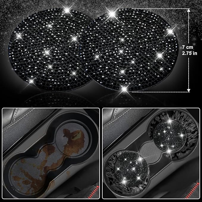 Leather Bling Seat Covers Full Sets 16 pcs, Bling Diamond Car Accessories Set for Women, Sparkly Rhinestone Steering Wheel Cover, Glitter Cute Car Interior Sets for Women Girl, Black Diamond