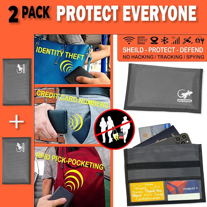 Two Faraday Bags Anti-Tracking GPS RFID Signal Blocker Wallet Shielding Pouches (x2) Protective Cases for Cell Phone Car Key FOB, Data Privacy, Electronic Device Security (2 PACK - POCKET GRAY)