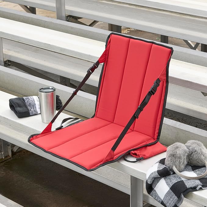Heated Stadium Seat, Foldable, Lightweight with Carrying Strap, Foam Cushion for Comfort, Adjustable, Back Support, Multi-Functional Use As Stadium Seat or Seat Pad, Red Dyed Solid