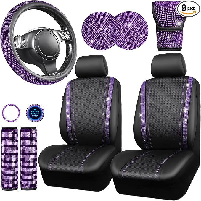 Bling Diamond Leather Car Seat Covers 11 PCS, Sparkly Rhinestone Steering Wheel Cover Glitter Cute Interior Car Accessories Sets Seat Belt Cushion Cup Holder Coaster Women Girl, Violet Purple