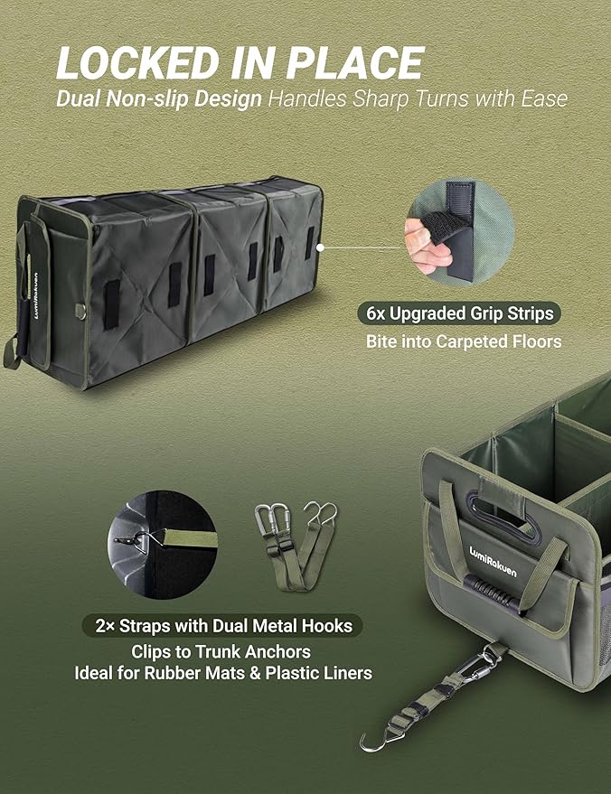 Heavy Duty Trunk Organizer with Lid for SUV & Truck (XL, Green) | 1680D Water-Resistant Fabric & 3.5mm PP Skeleton Collapsible Multi-Compartment Trunk features Dual Non-Slip Hooks