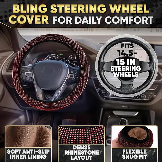 Red Bling Car Accessories Set, 27 Pieces Car Interior Set Including Steering Wheel Cover, Diamond License Plate Frame, Phone Holder, Coasters, Hooks, Great Gift for Women Drivers