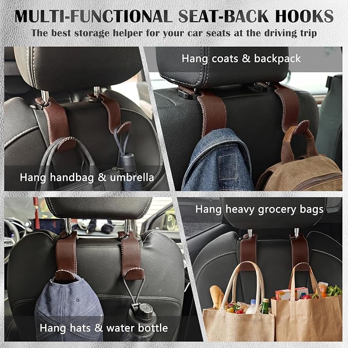 Car Seat Headrest Hook Universal Vehicle Storage Hanger Leather with Metal Car Seat Back Organizer for Handbag Purse Coat Brown 2 Pack