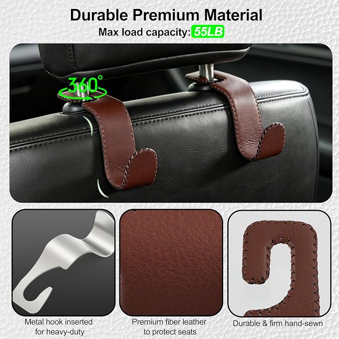 Car Seat Headrest Hook, Universal Vehicle Storage Hanger, Leather with Metal Car Seat Back Organizer for Handbag, Purse, Coat, Ergonomic Design, Brown 4 Pack