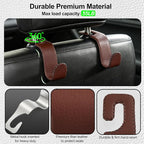Car Seat Headrest Hook, Universal Vehicle Storage Hanger, Leather with Metal Car Seat Back Organizer for Handbag, Purse, Coat, Ergonomic Design, Brown 4 Pack