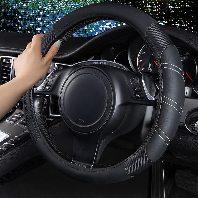 Line Rider Microfiber Leather Sporty 14.5-15 inch Steering Wheel Cover Universal Fits for 95% Truck,SUV,Cars, Anti-Slip Safety Comfortable Design (Black Carbon Fiber)