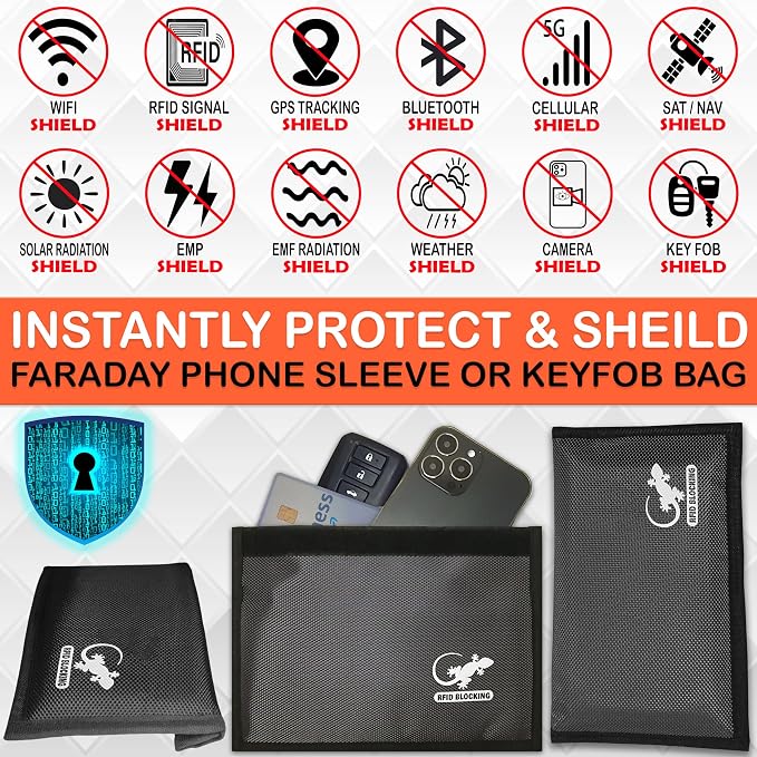Faraday Bags for Phones - RFID Blocking Sleeves Privacy & GPS Blocker - All Signal Blocking Faraday Pouch Key Fob, Credit Card & Personal Data Go Silent in our Dark Pocket Security - GRAY Faraday Bag