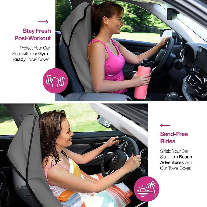 Car Seat Towel Cover for Post Gym Workout, Running and Swimming, 2 Pack Universal Fit Anti-Slip Waterproof Sweating Bucket Seat Protector for Cars, SUVs and Trucks, Grey