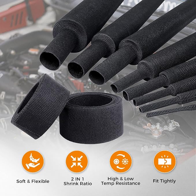 Black 2:1 Ratio Automotive Heat Shrink Braided Sleeving,Wear-Resistant Flat Woven Shrinkable Sleeve Fabric Car Cable Wires Hoses Protection (1"-26ft)