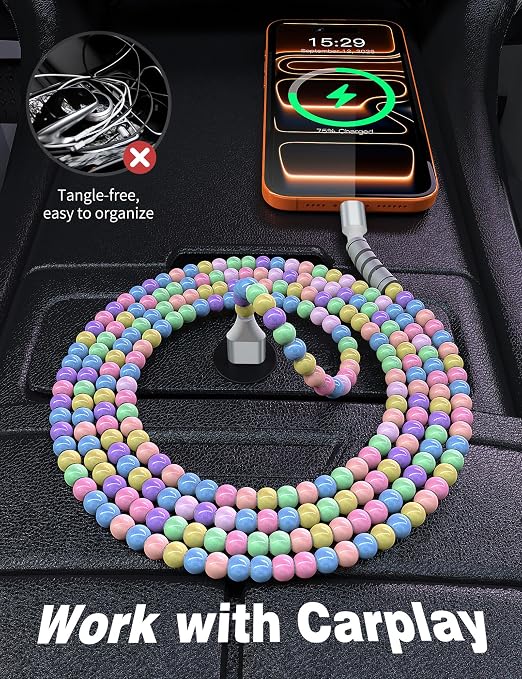 USB A to USB C Cable 2Pack 3FT,Beaded Phone Charger Cord for iPhone 17 16 Pro Max 17e 15 Car play,Type C Cute Car Charger Charging Cord for iPad 10 11th A16/Samsung S26 S25 S24 S23/Android Girls Women