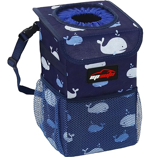 Waterproof Car Trash Can with Lid and Pockets, 1.8 Gal, Blue | Leakproof, Collapsible Multipurpose Car Bin with 3 Side Storage Pockets, Adjustable Straps