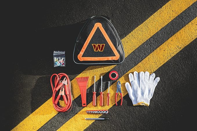 PICNIC TIME NFL Roadside Emergency Car Kit, Auto Vehicle Safety Road Side Assistance with Jumper Cables and Car Tool Kit, (Black with Orange Accents)