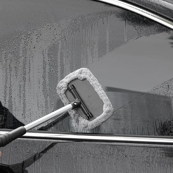 Pivoting Windshield Glass Cleaning Tool Extendable Aluminum Handle w/3 Premium Microfiber Covers
