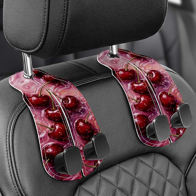 Purse Holder for Car, 2 Pack Heavy Duty Purse Hanger for Car, PU Leather Car Seat Hooks for Purses and Bags, Cute Cherry Headrest Organizer for Handbags & Backpacks