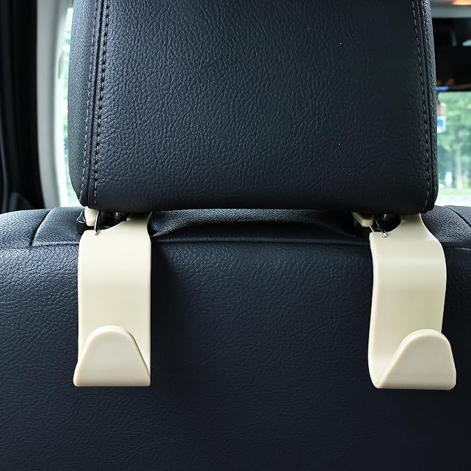 4-Pack 360° Rotating Car Headrest Hooks Vehicle Storage Organizer for Purses Handbags Groceries Coats – Holds 55lbs Simple Design with Clip Beige